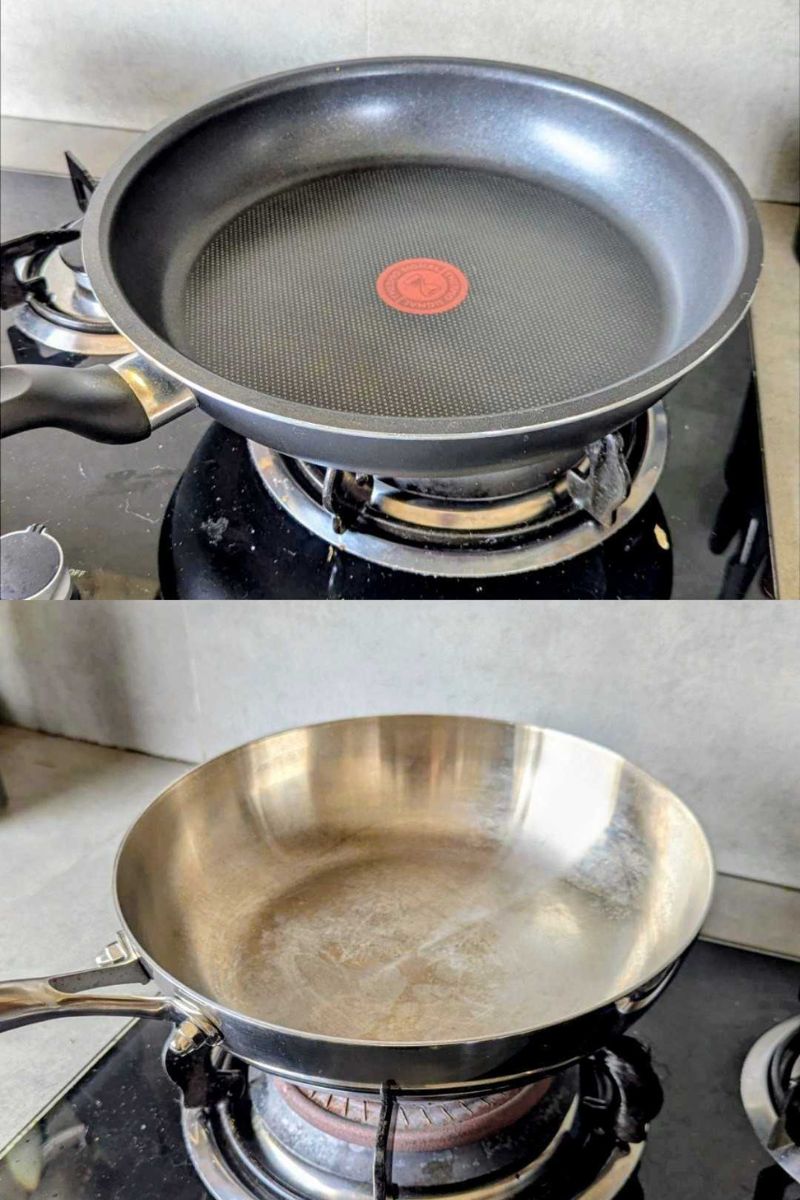 Dua gabungan gambar wajan yang diatas wajan antilengketn yang dibawah stainless steel pan